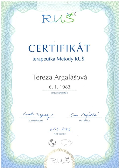 Certifikát - terapeut metody RUŠ 2024-2025